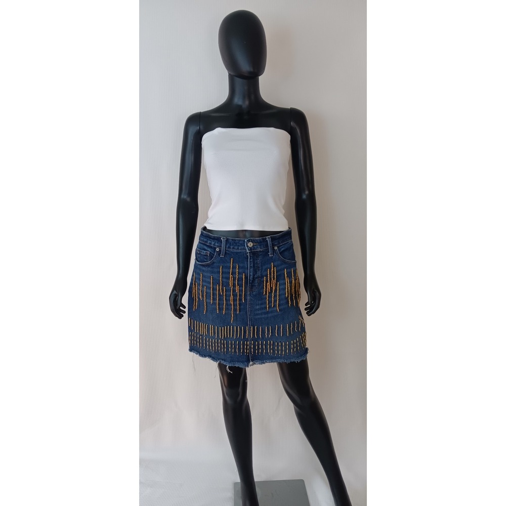 Old Navy Upcycled Hand Beaded Denim Mini Skirt Blue Size 6 Frayed Hem Stretch